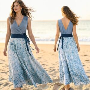 Marimekko Linen L Yana Dee Style Pisces Wrap Beach Blue Flowy Maxi Dress Coastal